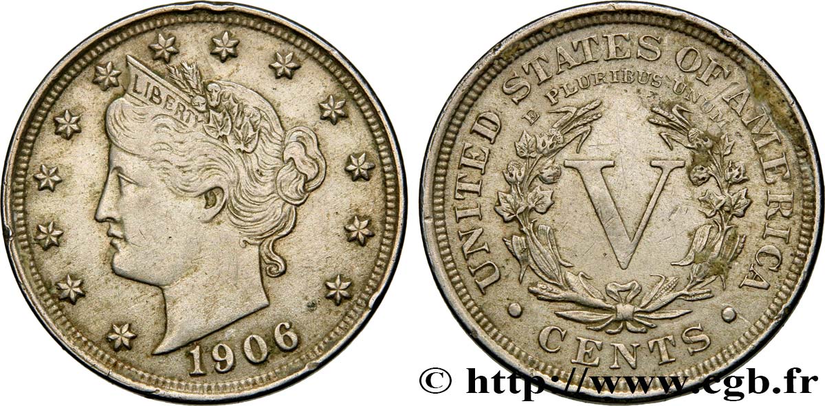 ÉTATS-UNIS D AMÉRIQUE 5 Cents Liberty Nickel 1906 Philadelphie TTB 