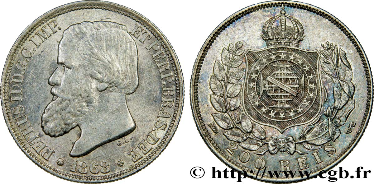 BRÉSIL 200 Reis Pierre II 1868  SPL 