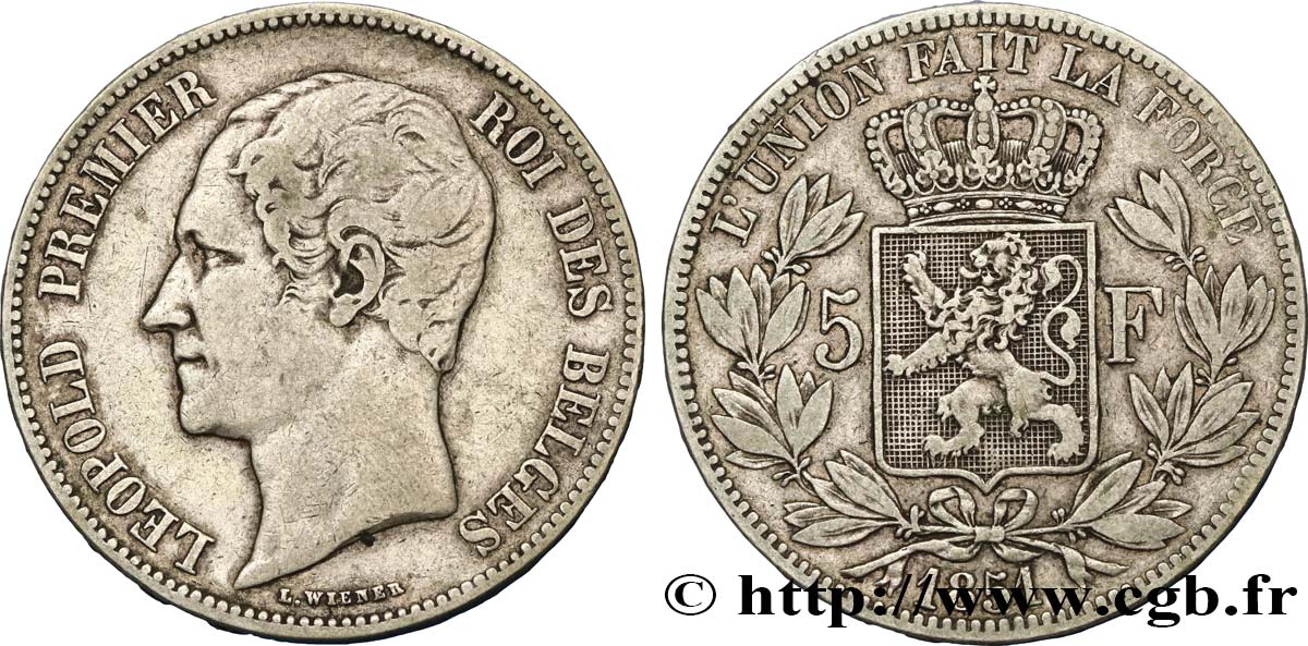 BÉLGICA 5 Francs Léopold Ier tête nue 1851  MBC 