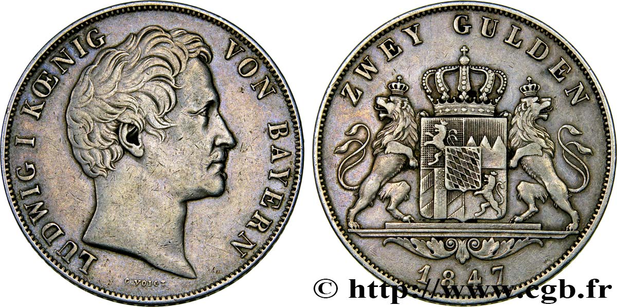 ALLEMAGNE - BAVIÈRE 2 Gulden Louis Ier 1847 Munich TTB 