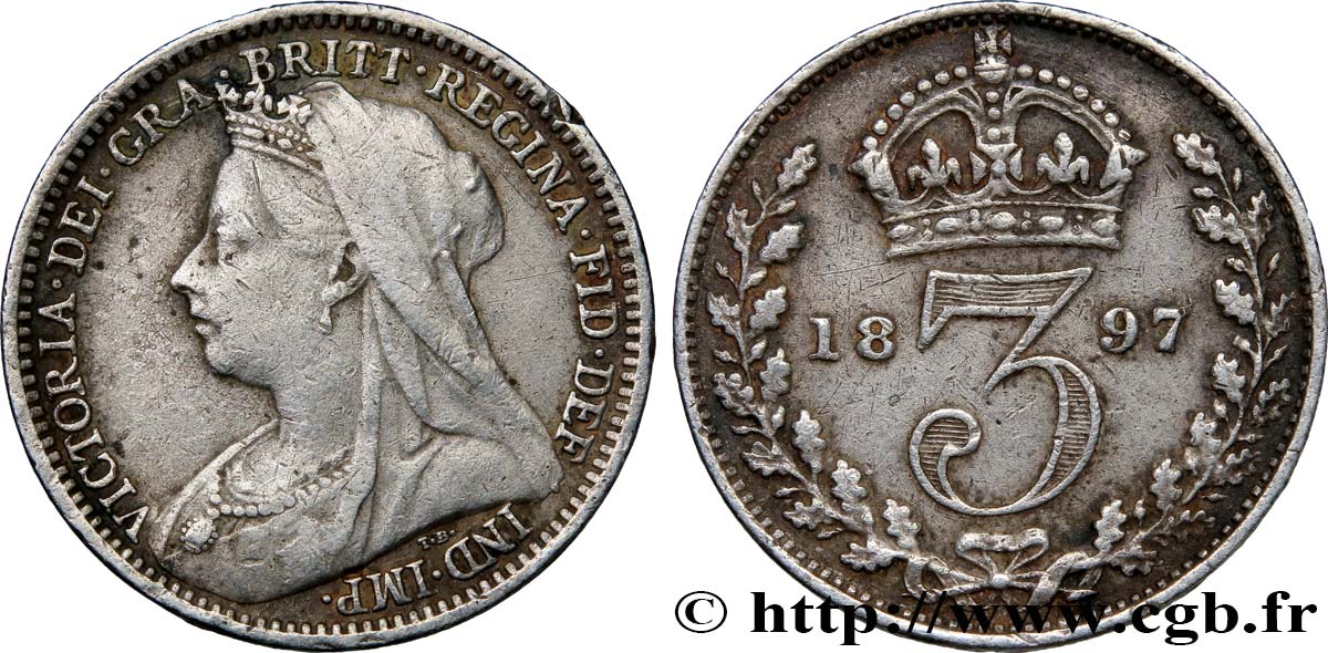 ROYAUME-UNI 3 Pence Victoria buste du jubilé 1897  TTB 