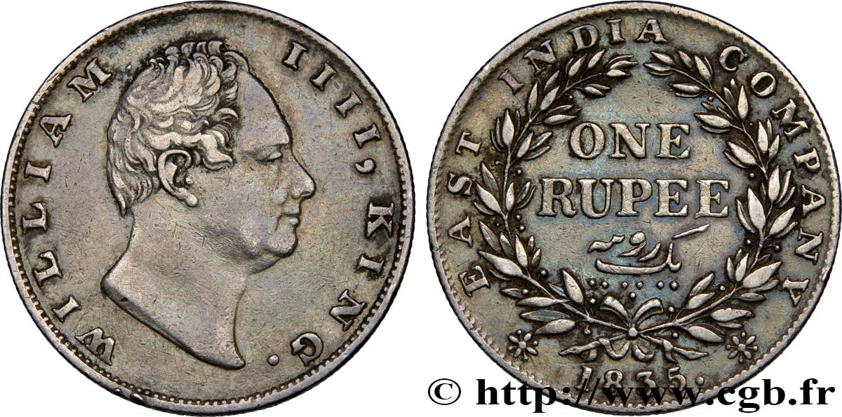 BRITISH INDIA 1 Roupie (Rupee) East India Company William IV 1835 Calcutta XF 