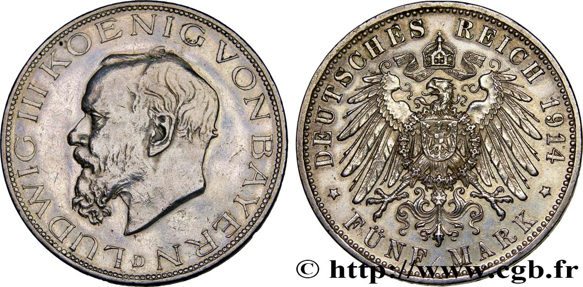 GERMANY - BAVARIA 5 Mark Léopold III 1914 Munich AU/AU 