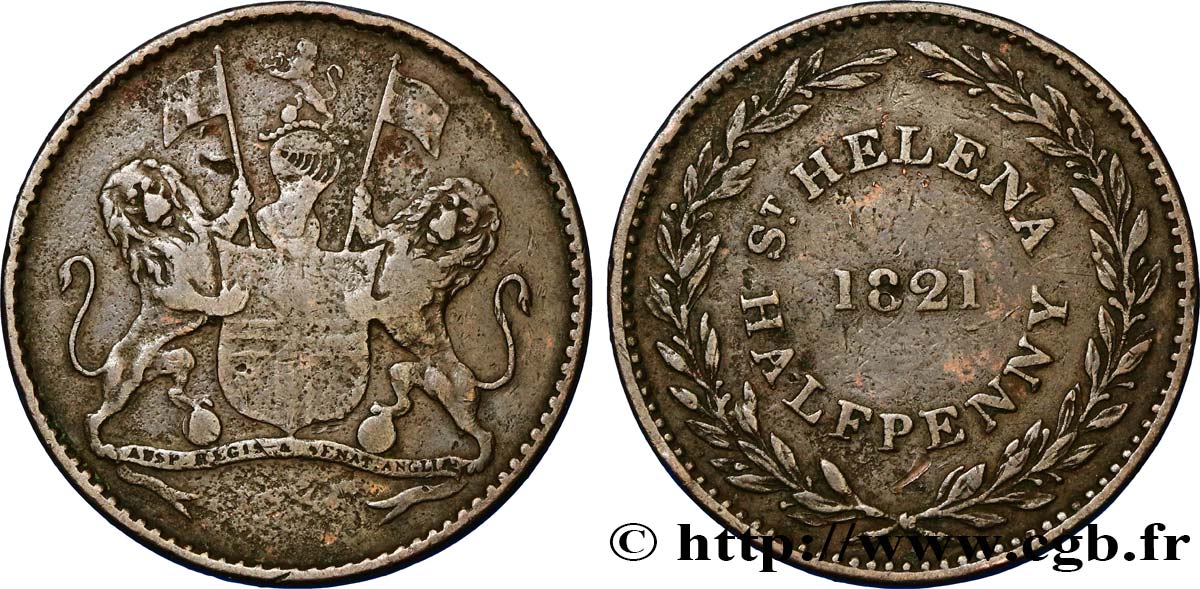 SAINTE HÉLÈNE 1/2 Penny (Half Penny) Armes de la Compagnie britannique des Indes Orientales 1821  TB 