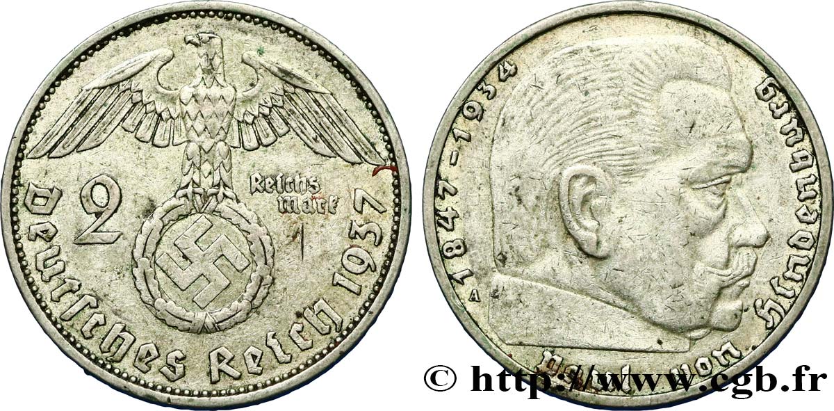 ALLEMAGNE 2 Reichsmark Maréchal Paul von Hindenburg 1937 Berlin TTB 