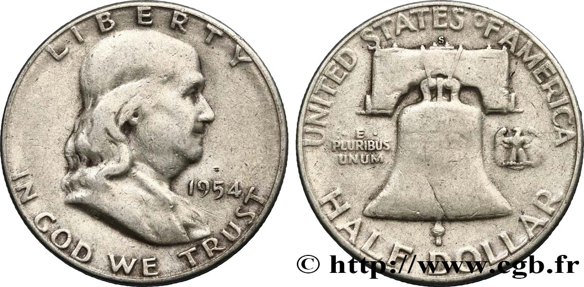 ÉTATS-UNIS D AMÉRIQUE 1/2 Dollar Benjamin Franklin 1954 San Francisco TB+ 