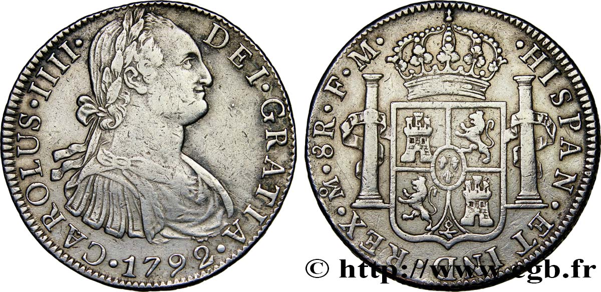 MEXIQUE 8 Reales Charles IV d’Espagne 1792 Mexico TTB 