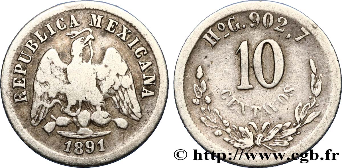 MEXICO 10 Centavos 1891 Hermosillo VF 