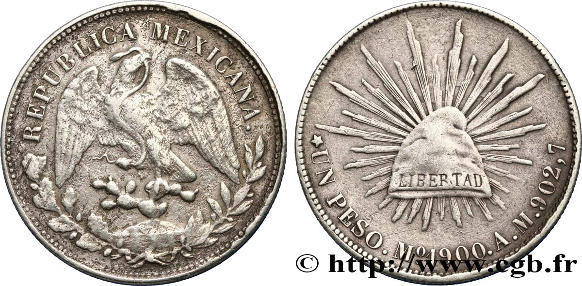 MEXIQUE 1 Peso aigle / bonnet phrygien et rayons 1900 Mexico TB 