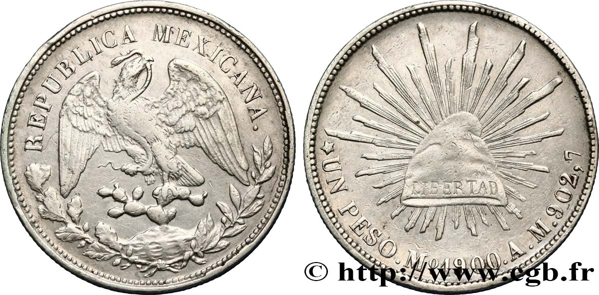 MEXICO 1 Peso aigle / bonnet phrygien et rayons 1900 Mexico XF 