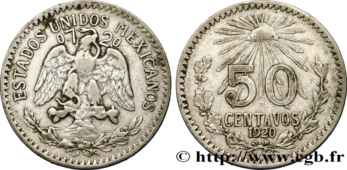 MEXICO 50 Centavos 1920 Mexico VF 