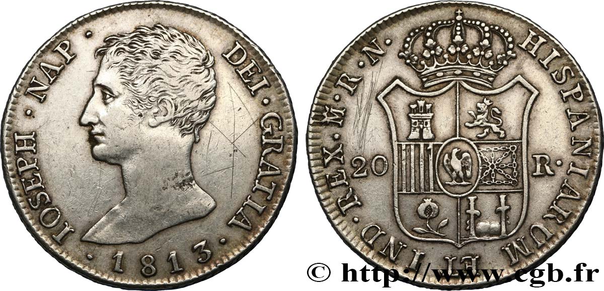 SPAIN - KINGDOM OF SPAIN - JOSEPH NAPOLEON 20 Reales ou 5 Pesetas 1813 Madrid XF 