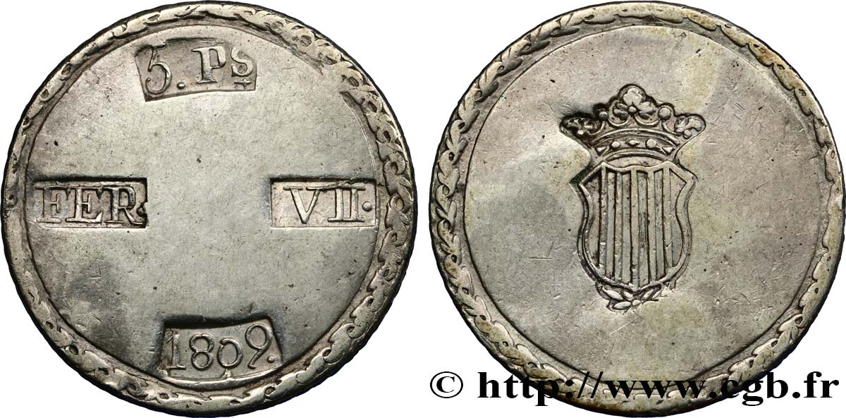 SPAIN - FERDINAND VII - SIEGE OF TARRAGONA 5 Pesetas 1809 Tarragone XF 