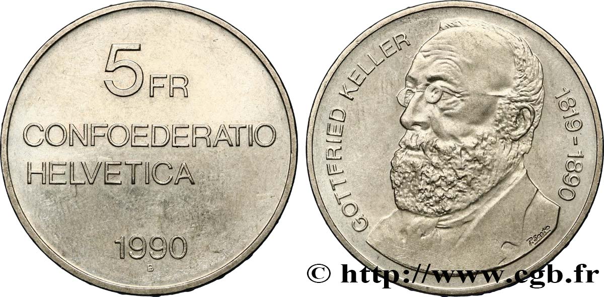 SVIZZERA  5 Francs 100e anniversaire de la mort de Gottfried Keller, poète et romancier suisse, d’expression allemande 1990 Berne SPL 