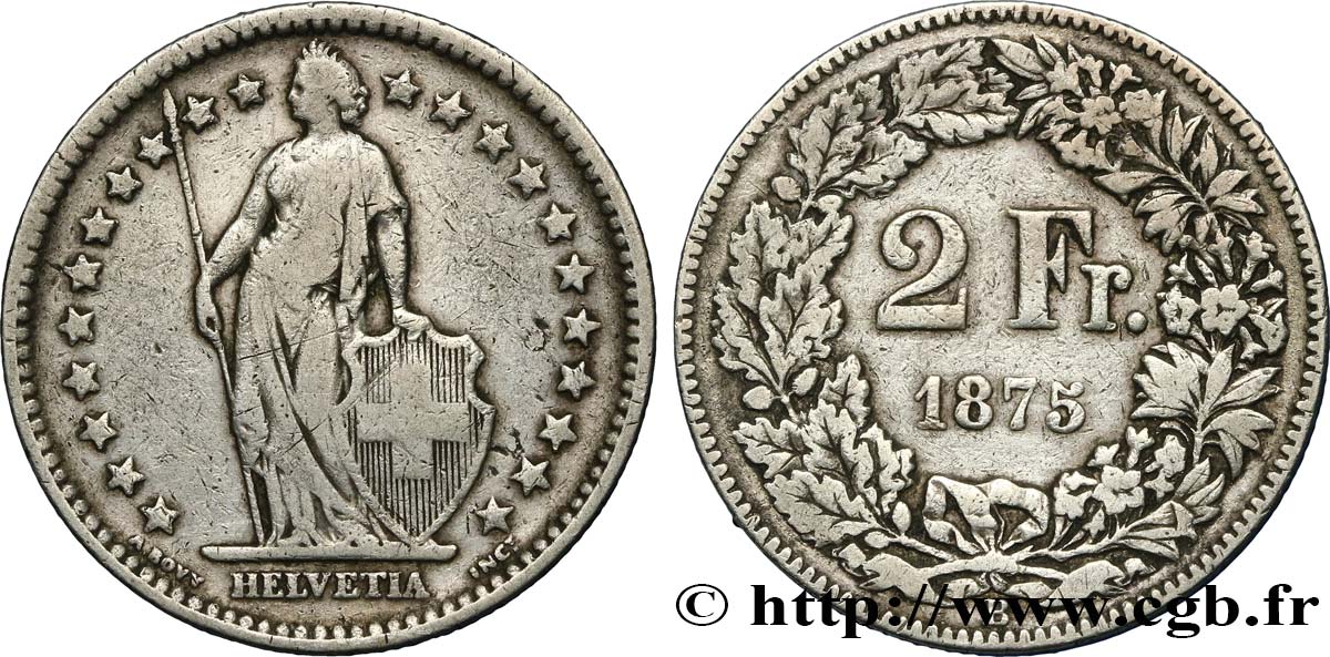 SUIZA 2 Francs Helvetia 1875 Berne BC 