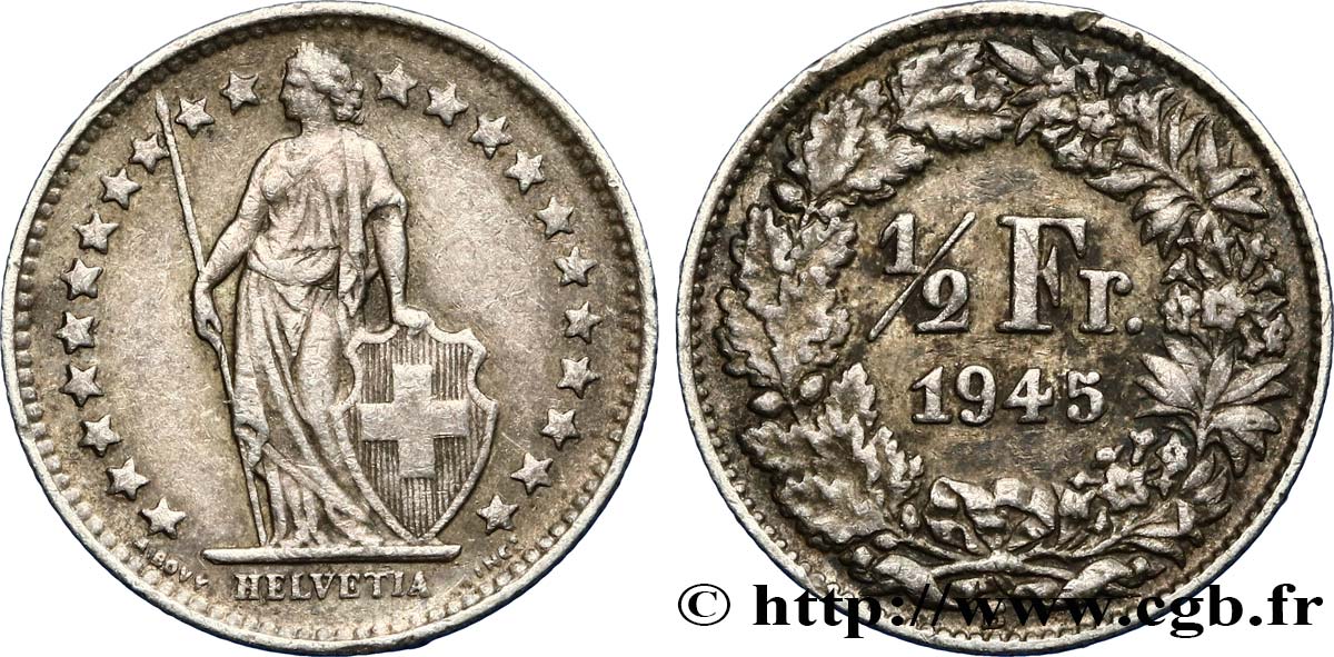 SWITZERLAND 1/2 Franc Helvetia 1945 Berne AU 