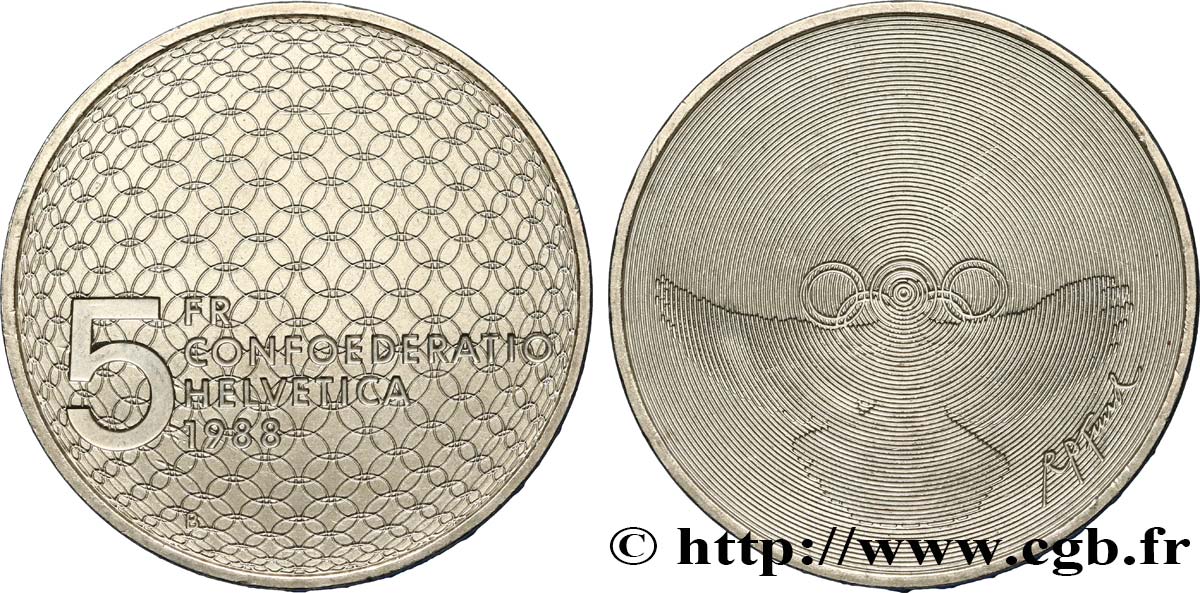 SUISSE 5 Francs Jeux Olympiques, colombe et anneaux 1988 Berne - B SUP 