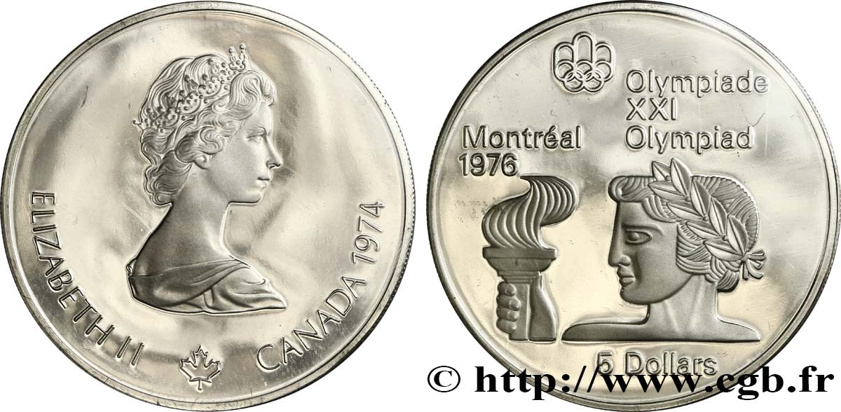 CANADá
 5 Dollars Proof JO Montréal 1976 torche olympique / Elisabeth II 1974  SC 