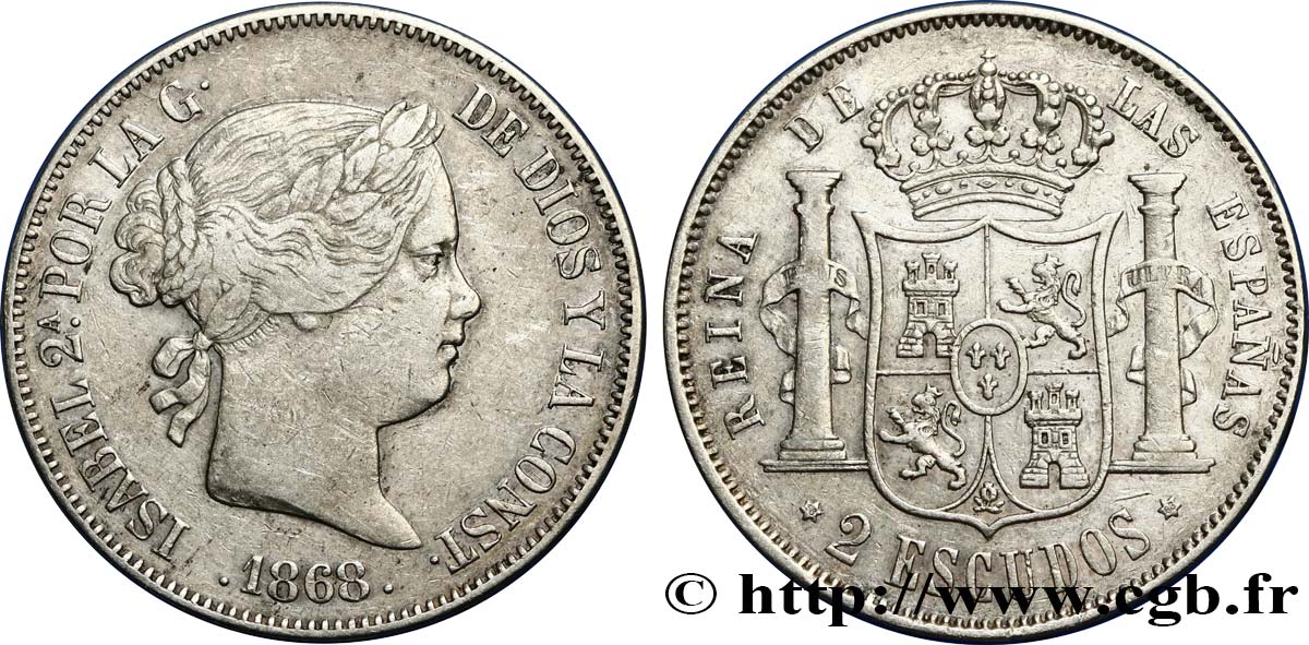 SPAIN - KINGDOM OF SPAIN - ISABELLA II 2 Escudos 1868 Madrid XF/AU 