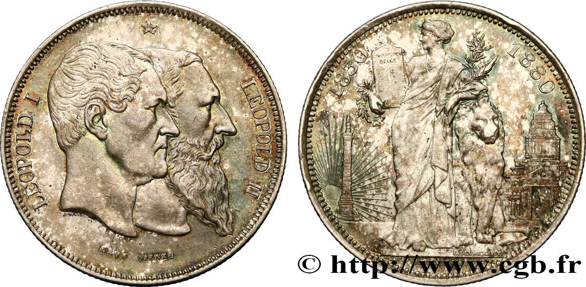BELGIUM - KINGDOM OF BELGIUM - LEOPOLD II 5 Francs, Cinquantenaire du Royaume (1830-1880) 1880 Bruxelles AU 