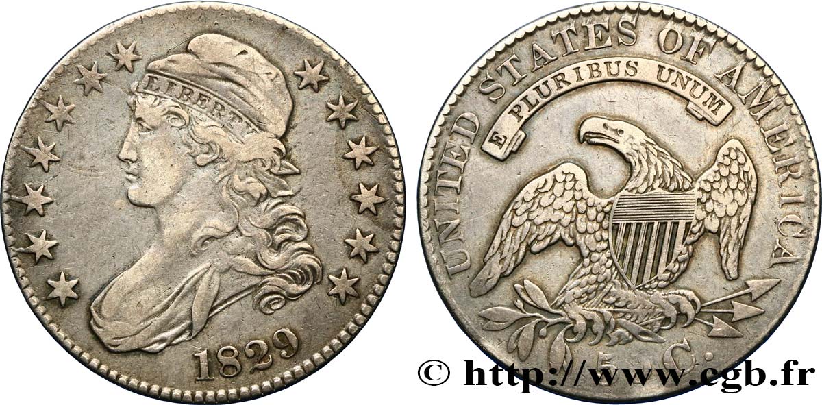 VEREINIGTE STAATEN VON AMERIKA 50 Cents (1/2 Dollar) type “Capped Bust” 1829 Philadelphie fSS 