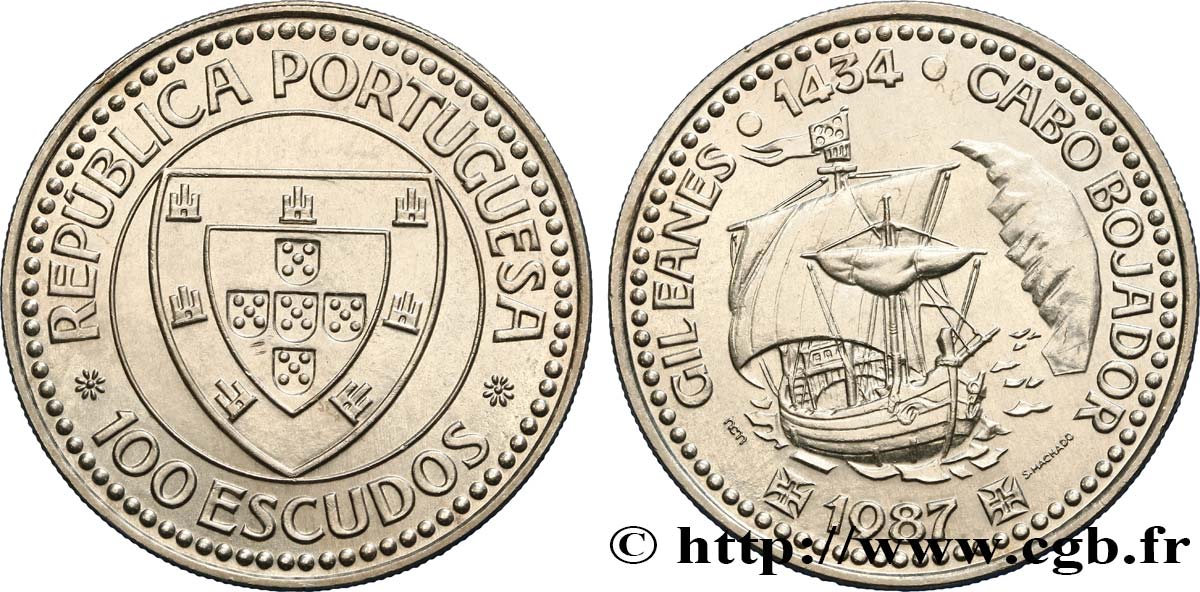 PORTUGAL 100 Escudos Découverte du Cap Bojador en 1434 par Gil Eanes, voilier 1987  AU 