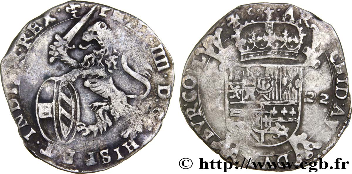 SPANISH NETHERLANDS - COUNTY OF FLANDERS - PHILIP IV Escalin au lion 1622 Bruges VF 