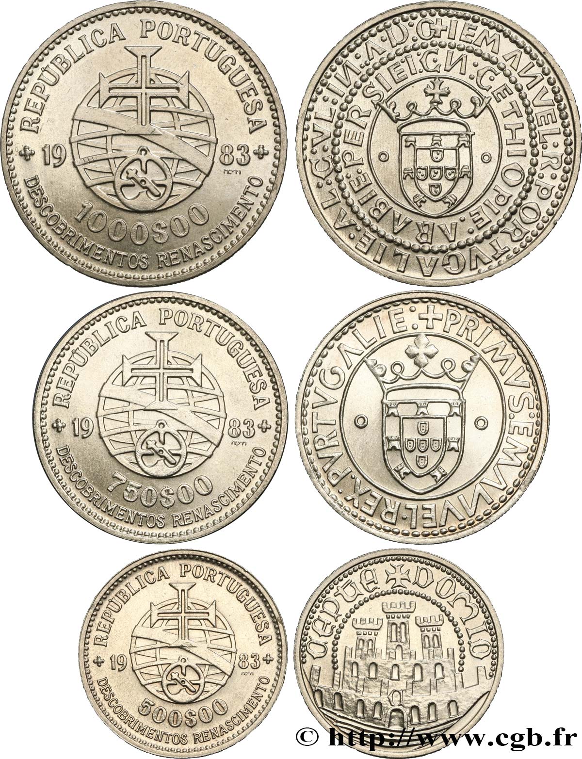 PORTUGAL Lot de trois monnaies 500, 750 et 1000 Escudos “découvertes et renaissance” 1983  SUP 