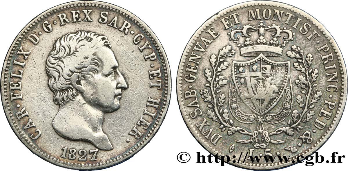 ITALY - KINGDOM OF SARDINIA 5 Lire Charles-Félix 1827 Turin VF 