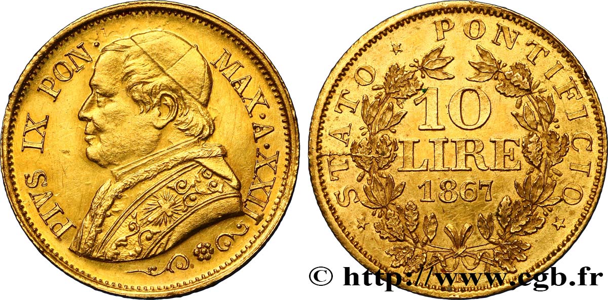 VATICAN AND PAPAL STATES 10 Lire Pie IX an XXII 1867 Rome AU 