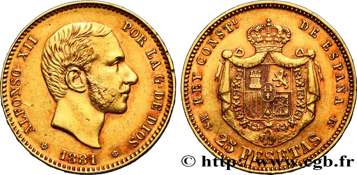 SPAIN 25 Pesetas or Alphonse XII 1881 Madrid AU 