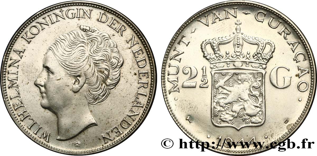 CURACAO 2 1/2 Gulden reine Wilhelmina des Pays Bas 1944 Denver TTB+ 