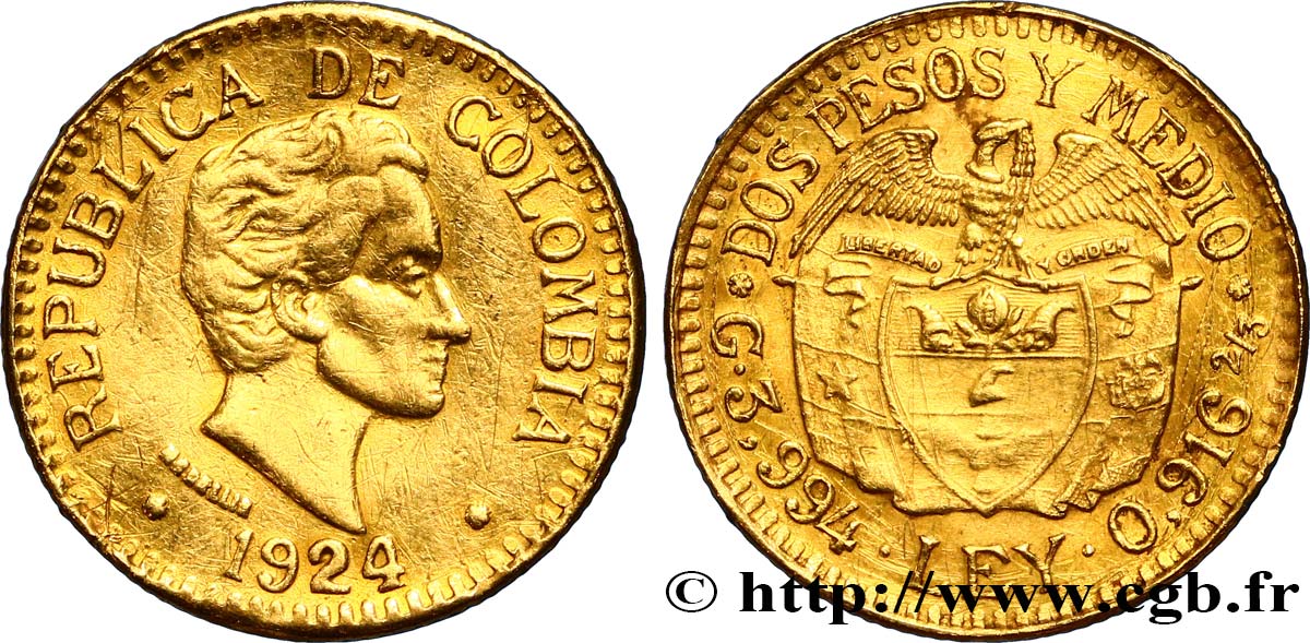 COLOMBIA 2,5 Pesos Simon Bolivar 1924 Medellin XF 