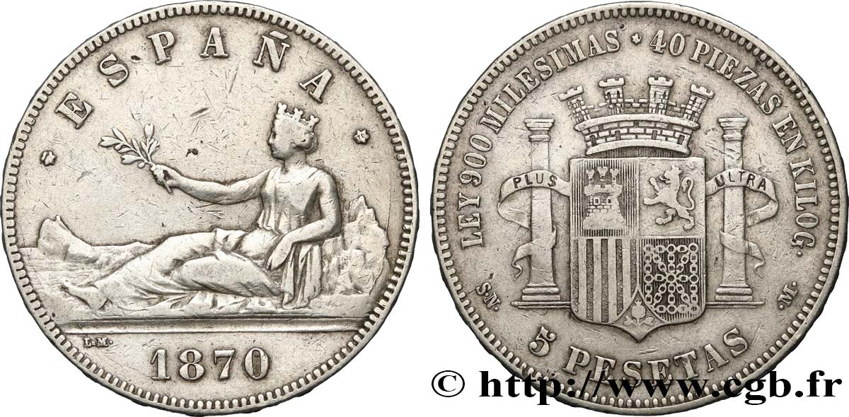 SPAIN 5 Pesetas “ESPAÑA” allongée (1870) 1870 Madrid VF 