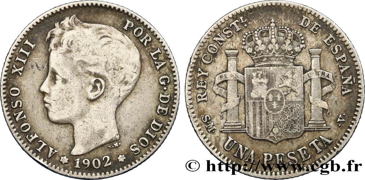 ESPAGNE 1 Peseta Alphonse XIII 3e type de buste / emblème couronné 1902 Madrid TTB+ 