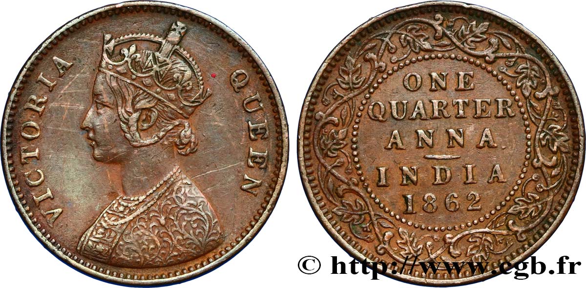 BRITISH INDIA 1/4 Anna Victoria 1862 Calcutta XF 