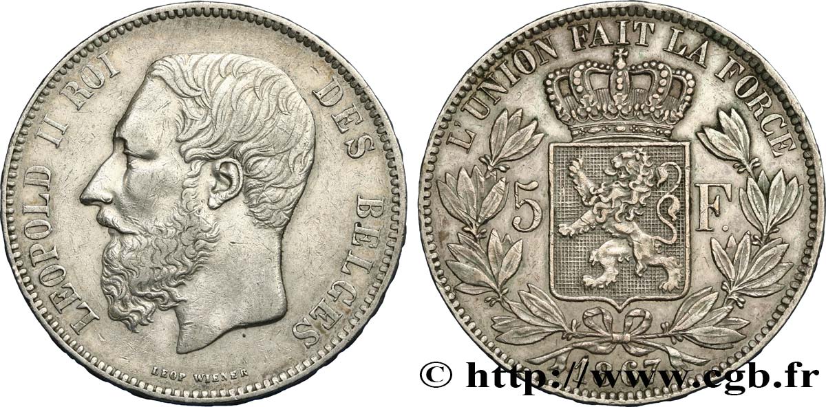 BELGIQUE 5 Francs Léopold II 1867  TTB 