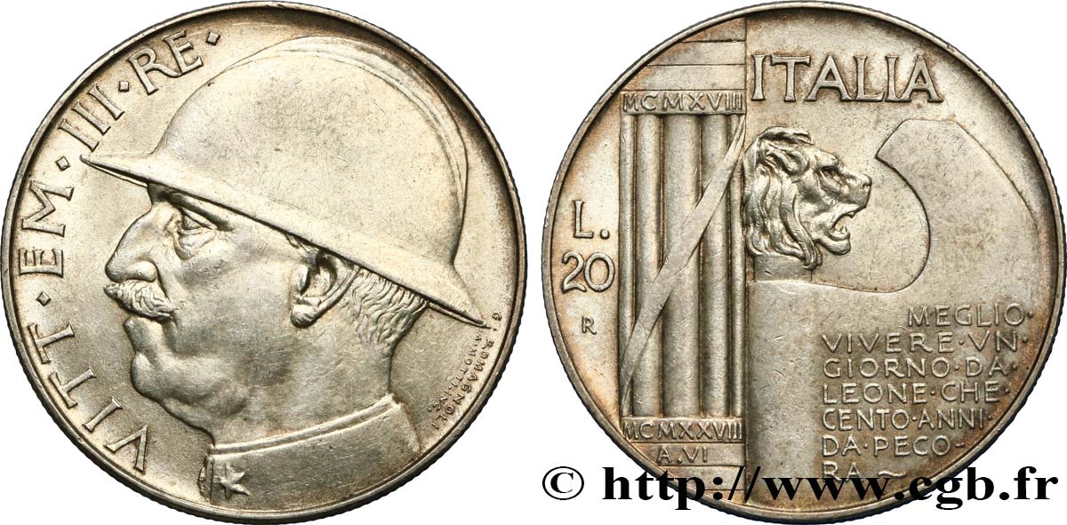 ITALIEN - ITALIEN KÖNIGREICH - VIKTOR EMANUEL III. 20 Lire, 10e anniversaire de la fin de la Première Guerre mondiale 1928 Rome VZ 