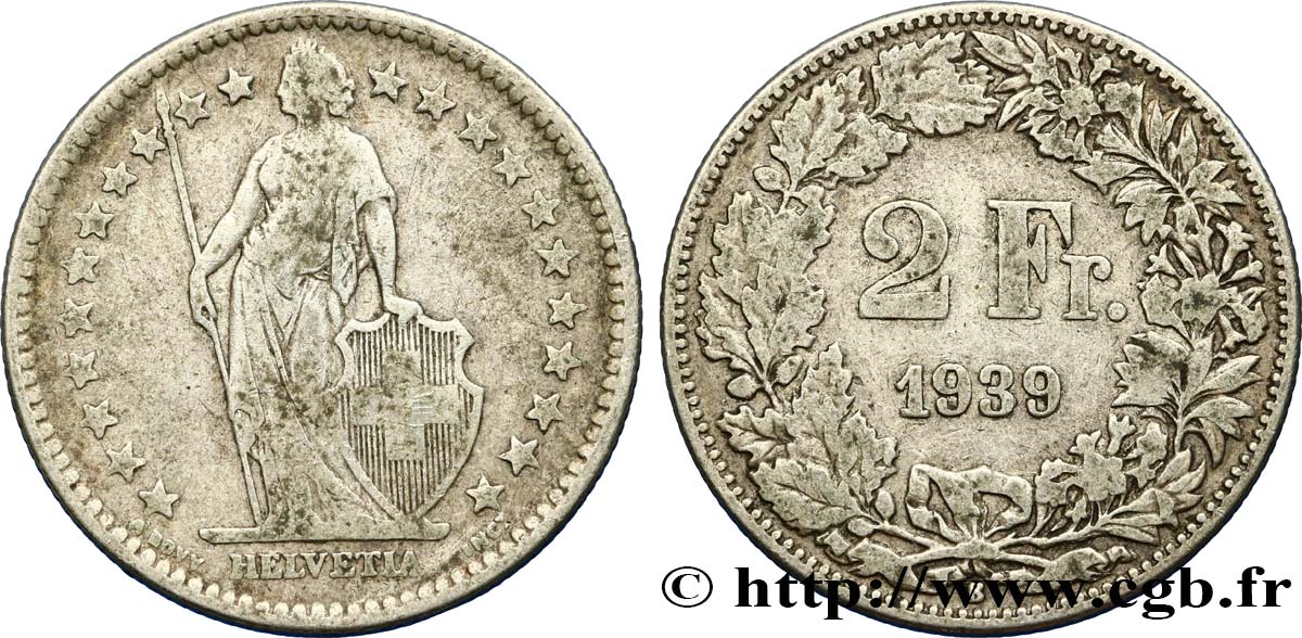 SUISSE 2 Francs Helvetia 1939 Berne - B TB