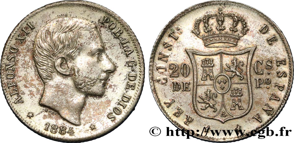 PHILIPPINES 20 Centimos de Peso Alphonse XII 1884  SUP 