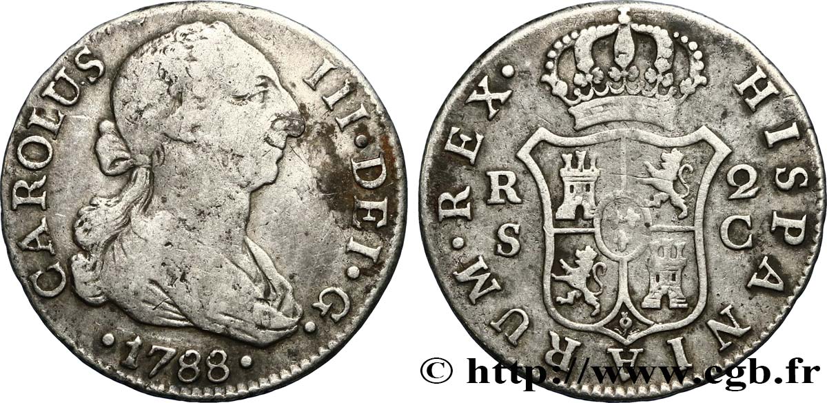 ESPAGNE 2 Reales Charles III 1788 Séville TB 