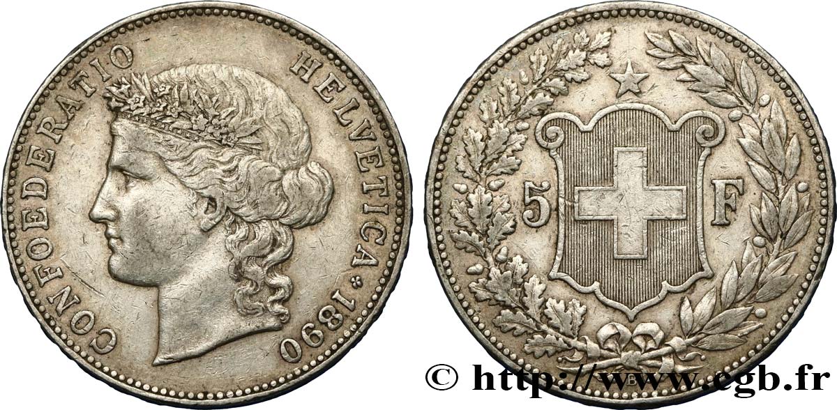 SVIZZERA 5 Francs Helvetia 1890 Berne BB