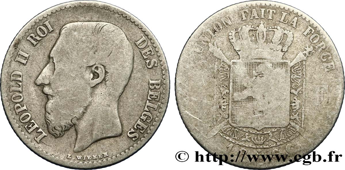 BELGIUM 1 Franc Léopold II légende française 1866 F