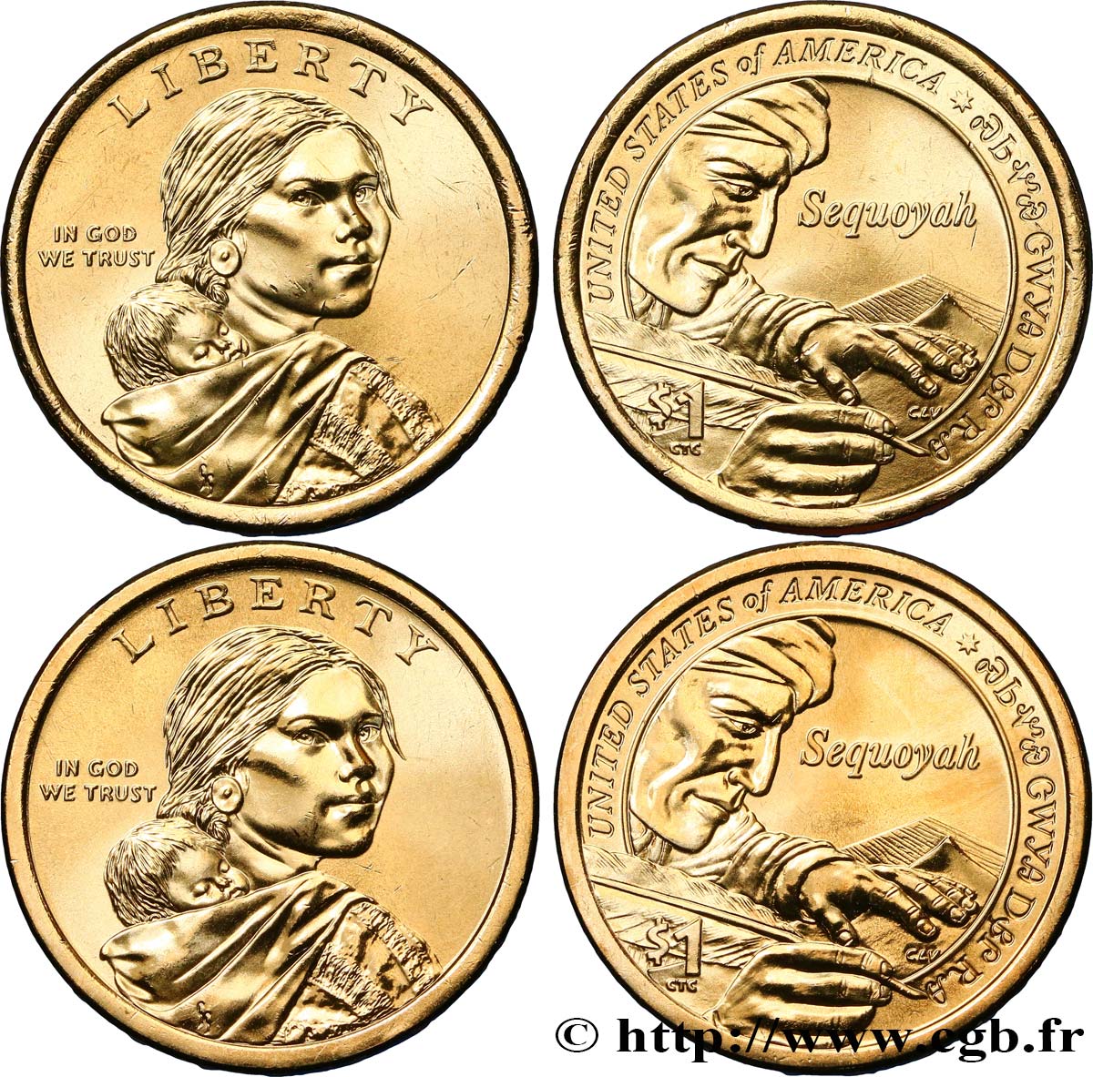 STATI UNITI D AMERICA Lot de deux monnaies 1 Dollar Sequoyah inventeur de l’alphabet cherokee 2017 Philadelphie + Denver MS 