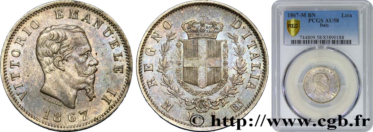 ITALY - KINGDOM OF ITALY - VICTOR-EMMANUEL II 1 Lire  1867 Milan AU58 PCGS