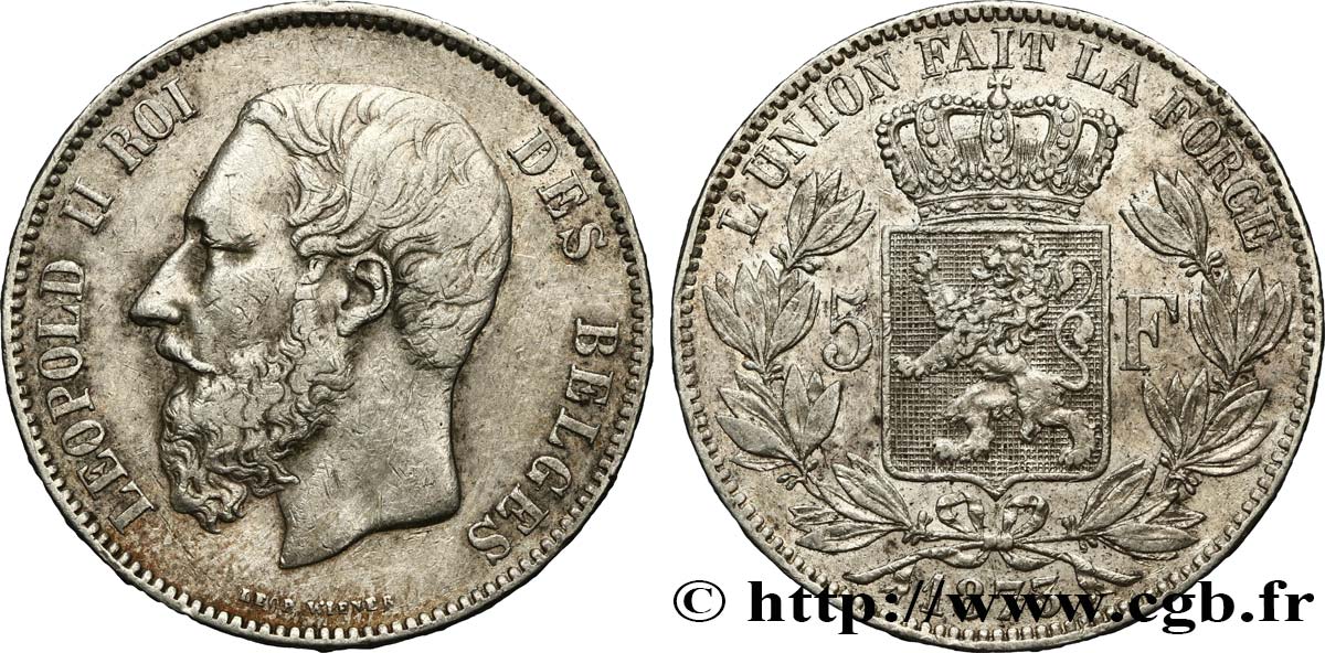 BELGIQUE 5 Francs Léopold II 1873  TB 