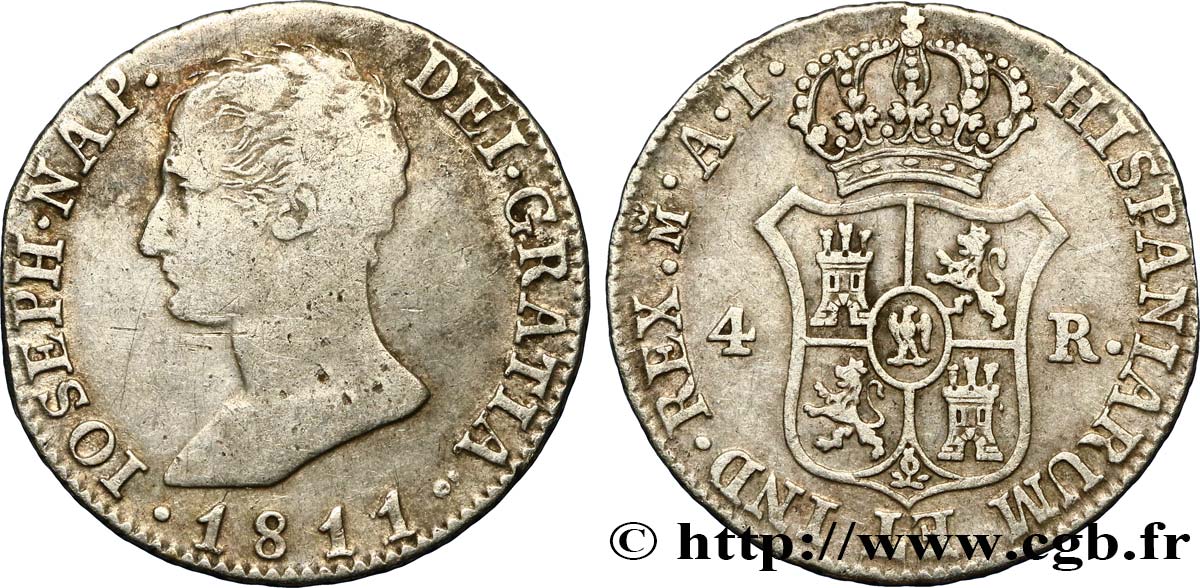 SPAIN - KINGDOM OF SPAIN - JOSEPH NAPOLEON 4 Reales 1811 Madrid VF/XF 