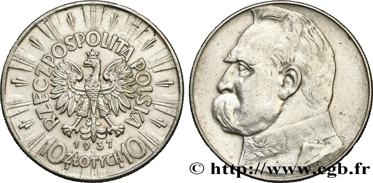 POLOGNE 10 Zlotych aigle / Maréchal Pilsudski 1937 Varsovie TTB 