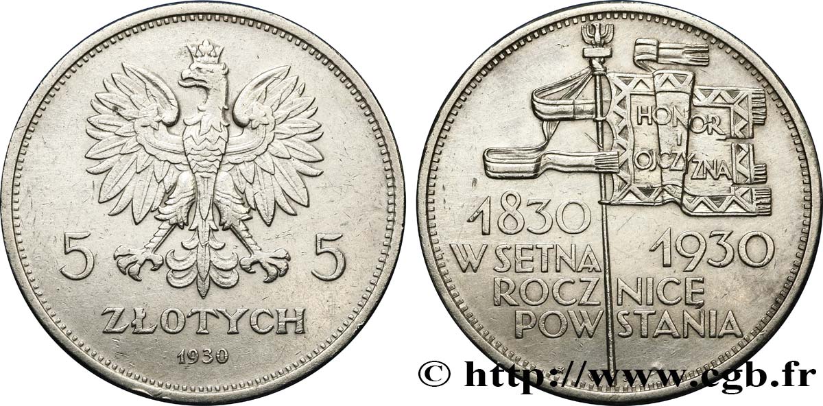 POLOGNE 5 zloty, centenaire de la révolte de 1830-1831 1930 Varsovie TTB 