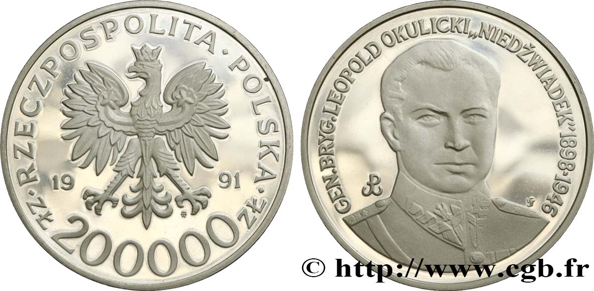 POLAND 200.000 Zlotych Proof - le général Leopold Okulicki 1991 Varsovie MS 